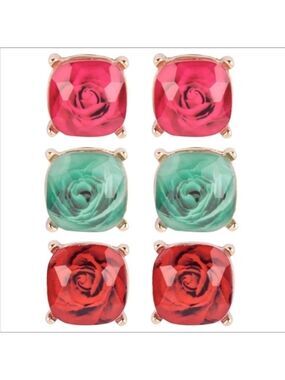 Rose Petal Glass Earrings 3 Pair Red Green Pink